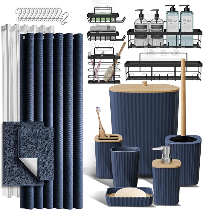 Clara Clark Bathroom Accessories Set - 27PC Bathroom Set with Adhesive Corner Shower Caddy Hanging, Bathroom Sets with Shower Curtain and Rugs, Navy Blue Shower Curtain Set with Bathroom Trash Can | 27 Piece Navy Blue Bathroom Sets with Shower Curtain ...