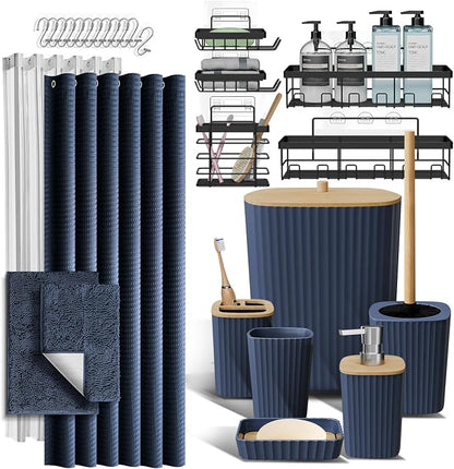 Clara Clark Bathroom Accessories Set - 27PC Bathroom Set with Adhesive Corner Shower Caddy Hanging, Bathroom Sets with Shower Curtain and Rugs, Navy Blue Shower Curtain Set with Bathroom Trash Can | 27 Piece Navy Blue Bathroom Sets with Shower Curtain ...