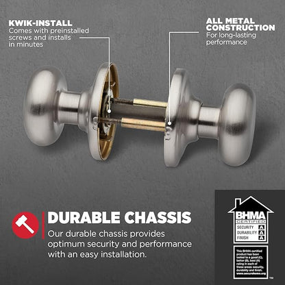 Kwikset Juno Interior Passage Door Knob, Handle for Closet and Hallway Doors, Non-Locking Doorknob in Satin Nickel, with Microban Protection (Pack of 2)