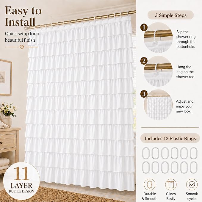 White Ruffle Shower Curtain for Bathroom, 72X84, Layered Ruffles Texture | Vintage Chic Farmhouse Style, 72 x 84 Inch, Soft Microfiber, 12 Hook Includ, Machine Washable Fabric, Affordable Luxury Feel