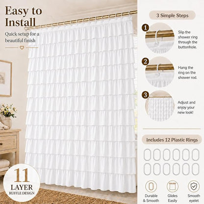 White Ruffle Shower Curtain for Bathroom, 72X84, Layered Ruffles Texture | Vintage Chic Farmhouse Style, 72 x 84 Inch, Soft Microfiber, 12 Hook Includ, Machine Washable Fabric, Affordable Luxury Feel