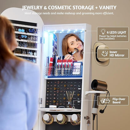 Vlsrka 360° Swivel Jewelry Armoire with Full Length Wave Mirror, White | Lockable Mirror Jewelry Cabinet Standing, Interior LED Makeup Mirror, Foldable Shelf, Large Capacity, Gift for Women, Girls