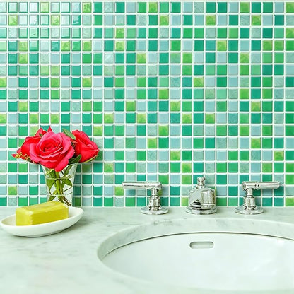 3D Mosaic Tile Sticker Removable Wallpaper Tile Red, 3D Self Adhesive Wall Tiles Bathroom Wall Tiles for Kitchen Backsplash Green,PVC Square Decorative Vinyl Decals,4 Sheets