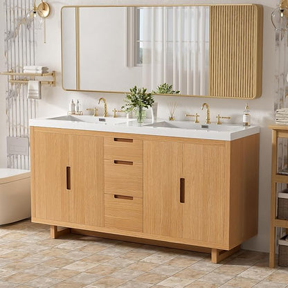 Merax Bathroom Vanity with Sink - 60 Inch Bathroom Vanity Double Sink, Freestanding Cabinet with 4 Doors & 3 Drawers, Space-Saving Storage Cabinet, Handle-Free Design,Nature Wood