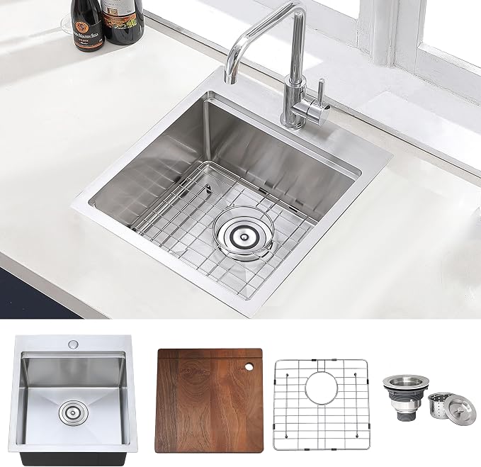 COMLLEN 17x19 Inch Drop in Bar Sink Brushed Nickel | cutting board, 304, 16 gauge, 9-inch deep, grid drain, workstation, outdoor, RV, laundry, kitchen