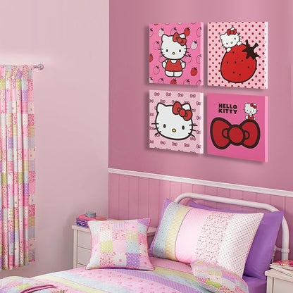 Sanrio Hello Kitty Strawberry and Bow Canvas Wall Art 4 Piece Set for Room Décor,12"x12"