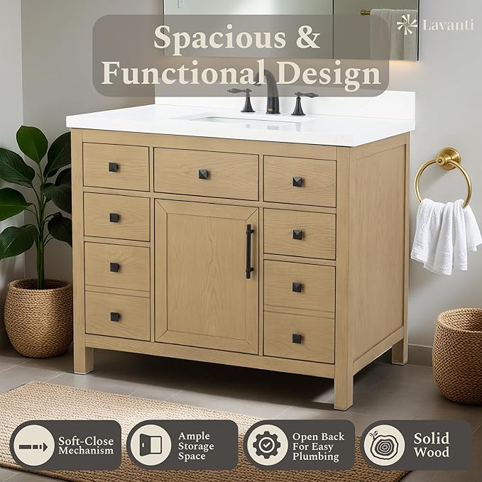 Lavanti Oakford 42 Inch Bathroom Vanity with Sink – Stylish Firwood Oak Vanity Bathroom with Storage Cabinet – Modern Bathroom Vanities with Single Vanity Sink & Quartz Countertop