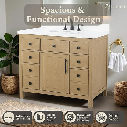 Lavanti Oakford 42 Inch Bathroom Vanity with Sink – Stylish Firwood Oak Vanity Bathroom with Storage Cabinet – Modern Bathroom Vanities with Single Vanity Sink & Quartz Countertop