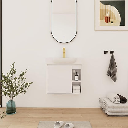 24" Wall-Mounted Bathroom Vanity with Ceramic Sink, 24 inch Floating Single Sink Vanity Cabinet Modern Brown 1-Door Design with Storage Shelf (Space-Saving for Small Bathrooms), White