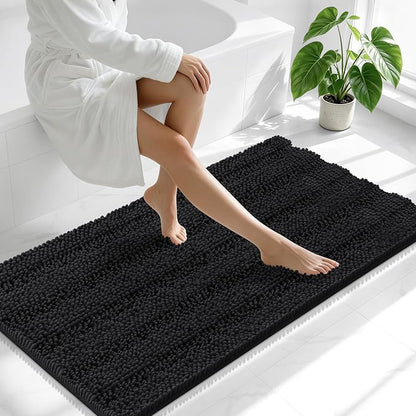 Smiry Thick Chenille Bathroom Runner Rugs 59x20, Absorbent Bath Mat, Black | Quick‑Dry & Machine Washable, Non‑Slip Bath Carpet, Soft Striped Bath Rugs for Tub & Shower, Modern Home Decor Accessories