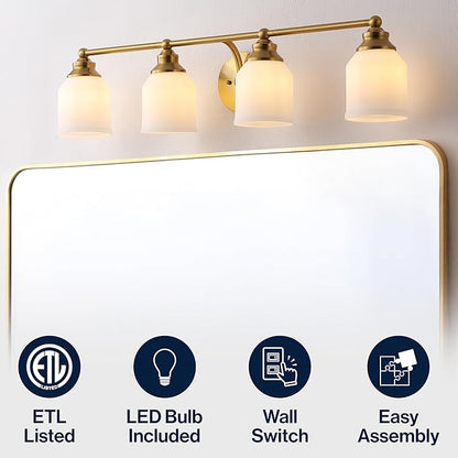 JONATHAN Y 33.25" Brass Gold/White Modern Farmhouse LED Vanity Light Wall Sconce Fixture, Frosted White Glass Shade, Dimmable Wall Lamp for Bathroom Mirror Kitchen Sink, UL Listed (JYL7552B)