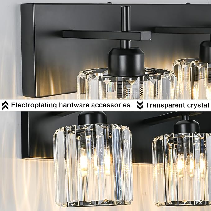 Black Crystal Bathroom Vanity Lights, Modern 3-Lights Bathroom Lighting Fixtures Over Mirror, Crystal Wall Lighting with Round Shade