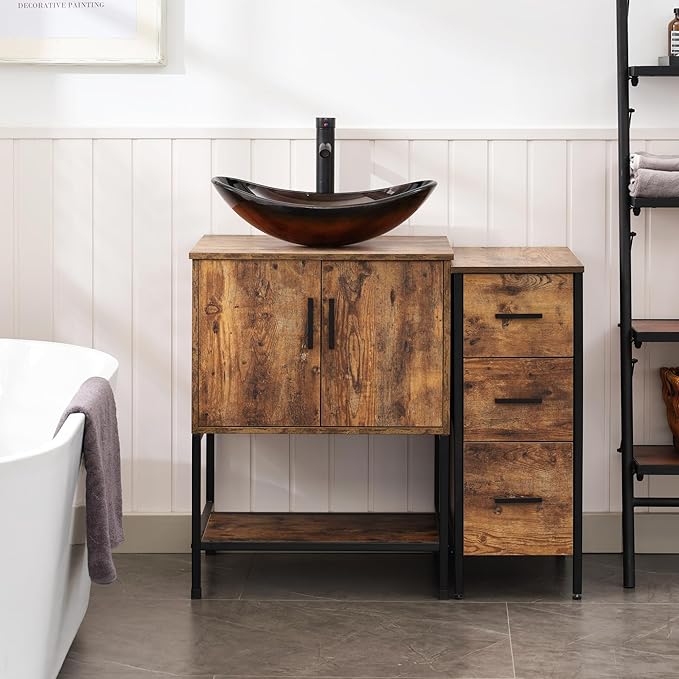 UEV 36" Rustic Brown Bathroom Vanity with Sink Combo,Industrial Iron Frame Bathroom Cabinet Sets with 3 Drawers Side Cabinet,Modern Brown Boat Tempered Glass Vessel Sink(029BR)