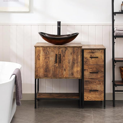 UEV 36" Rustic Brown Bathroom Vanity with Sink Combo,Industrial Iron Frame Bathroom Cabinet Sets with 3 Drawers Side Cabinet,Modern Brown Boat Tempered Glass Vessel Sink(029BR)