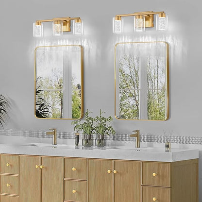 SineRise 3-Light Gold Vanity Light with 3 Color Modes (3000K/4000K/6000K), Eye Protection LED Bathroom Light Fixture, Dimmable Modern Wall Light Over Mirror with Clear Glass Shade