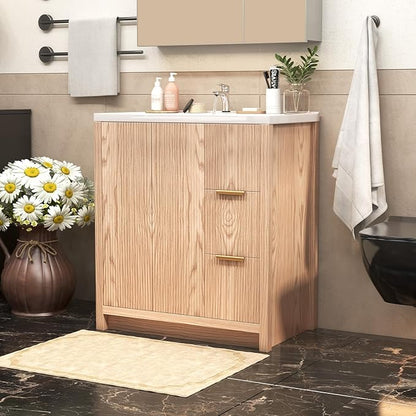 31.5'' Bathroom Vanity with Ceramic Single Sink Combo, Small Freestanding Bathroom Storage Vanity Cabinet with Drawer & Cabinet, Metal Handle, Natural Wood Color