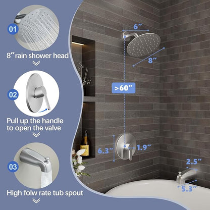 Tub Shower Faucet, Brushed Nickel Shower Faucet Set with 8-Inch All-Metal Rainfall Showerhead and Bathtub Spout, Single-Handle Tub Shower-Trim Kit Included Valve, Brushed Nickel