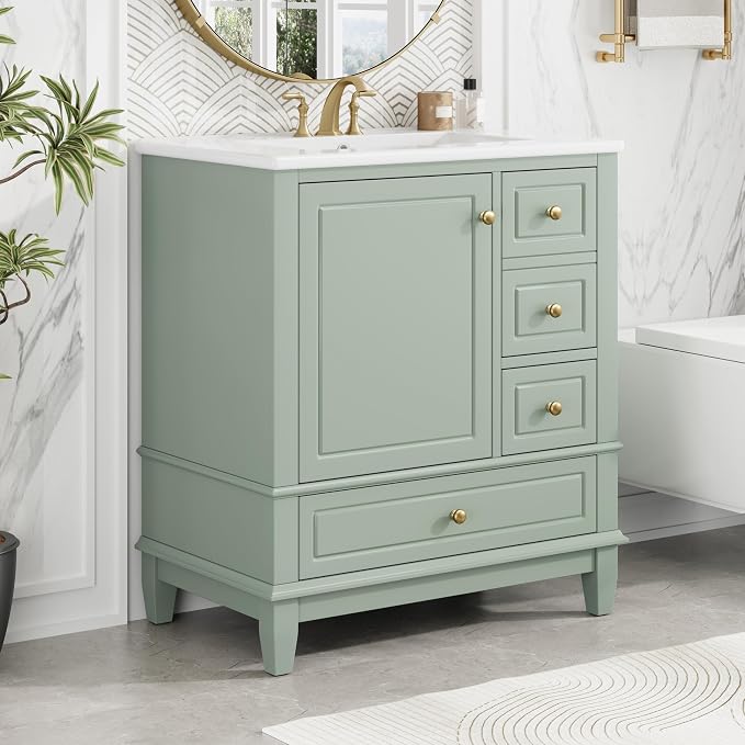 Merax 30" Bathroom Vanities Cabinet with Ceramic Sink Set Combo, Multi-Functional Storage Organizer Door Shelf, Three Drawers, Soft-Closing Door, Light Green