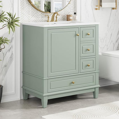 Merax 30" Bathroom Vanities Cabinet with Ceramic Sink Set Combo, Multi-Functional Storage Organizer Door Shelf, Three Drawers, Soft-Closing Door, Light Green