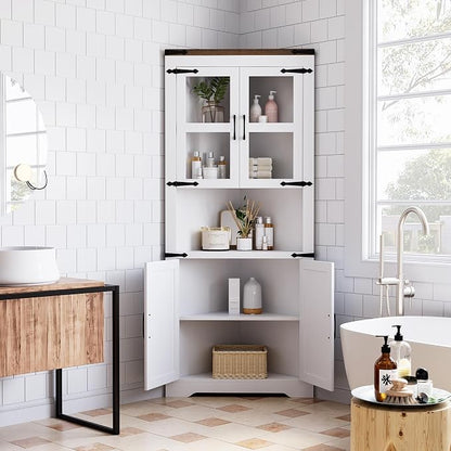 GAOMON Farmhouse Corner Cabinet, Tall Corner Storage with Glass Door & Adjustable Shelves, Bathroom Cabinet with Storage for Living Room, Kitchen, Bathroom, White