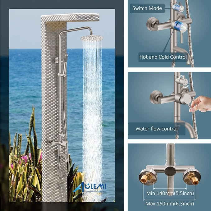 Aolemi Outdoor Shower SUS304 Outside Kit Handheld Tub Spout Brushed Nickel | 8 Inch Head, Handheld Spray, Swivel Tub Faucet, Adjustable Height,Outside Exposed Shower Fixture,Single Handle,Wall Mount