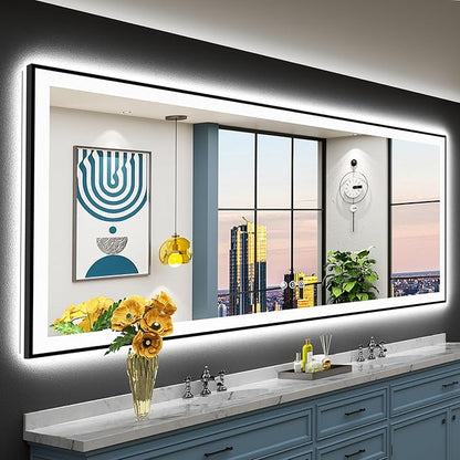 96x36 Black Framed LED Bathroom Mirror with Lights, Backlit and Front Lit Anti-Fog Lighted Vanity Mirrors for Bathroom Wall, Dimmable, 3 Colors, Memory, HD Tempered Glass, Horizontal/Vertical