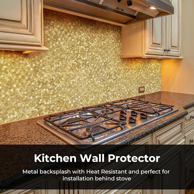 STICKGOO Peel and Stick Backsplash Tiles, Stick on Mosaic Self Adhesive Tiles, 3D Hexagon Backsplash for Kitchen Bathroom Fireplace Vanity (8PCS, Gold)