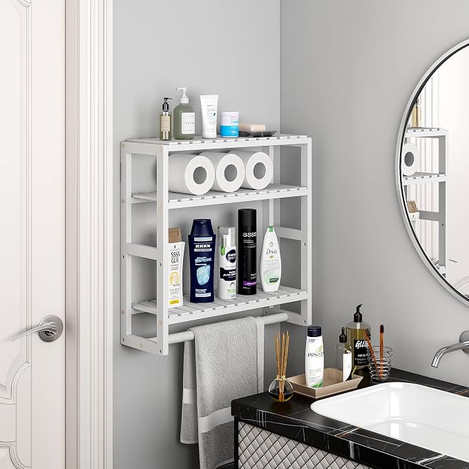 Galood Over The Toilet Storage Bathroom Shelves Wall Mounted 3 Tier White | Space Saver Corner Shelf Organizer Bamboo Towel Rack Toilet Paper Cabinet with Hanging Rod