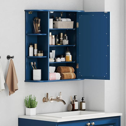 GIANTEX Bathroom Medicine Cabinet (Blue) | Wall Mounted Medicine Cabinet with Mirrored Door & 4 Interior Shelves, 6 Open Shelves, Space-saving Storage Cabinet