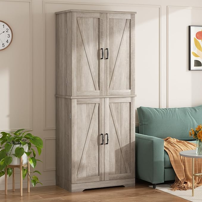 Shintenchi Kitchen Pantry Cabinet, Farmhouse Tall Cupboard, Ash Gray | Freestanding, with 8 Door Shelves, 2 Cabinets and 1 Drawer, for Kitchen, Living Room, Dining Room and Bathroom