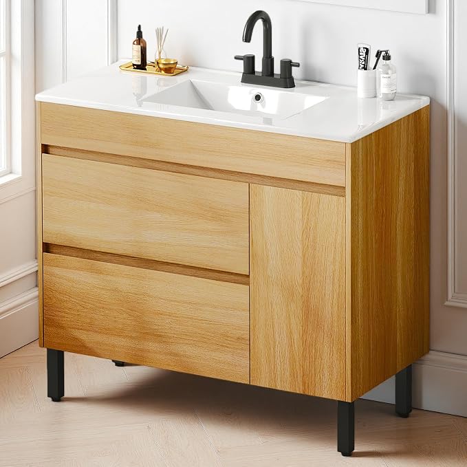 DWVO 36 Inch Bathroom Vanity with Sink | Bathroom Vanity Cabinet, Modern Bathroom Storge Vanity Includes Soft Closing Door, 2 Drawers & Drain