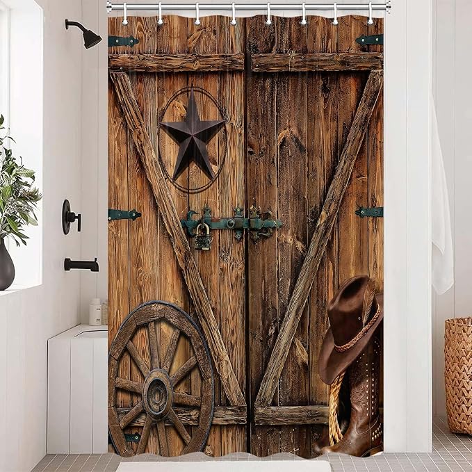 Texas Star Western Barn Door Shower Curtain Sets for Bathroom,Cowboy Hat Boots Wheel Decor Curtain, Vintage Rustic Wooden Board Farmhouse Bath Curtain with Hooks, 54X70IN