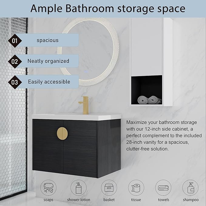 28 Inch Bathroom Vanity with Sink, 28'' Floating Bathroom Vanity with Sink Combo,Modern Wall Mounted Cabinet Set with 12'' Side Cabinet Combo,Black