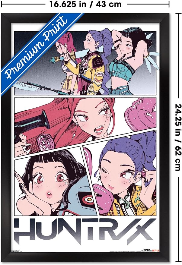 Trends International Netflix KPop Demon Hunters (2025) - Huntrix Manga Panels Wall Poster, 22.4L x 14.7W, Black Framed Version