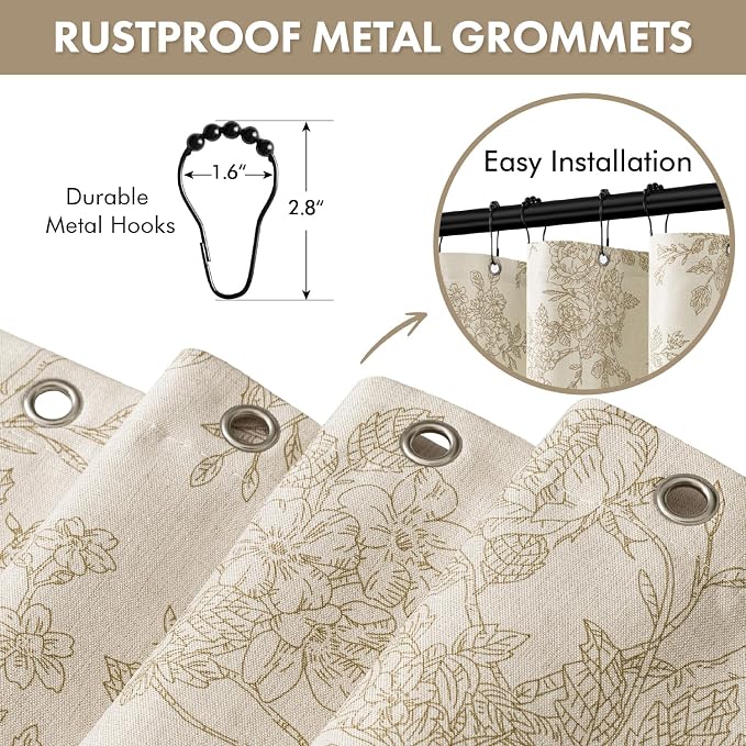 Beige Floral Shower Curtain W72*L72 Inches Long | Linen Textured Fabric, 12 Rustproof Metal Hooks, Wrinkle Resistant Cloth, Machine Washable, Bathroom Decor for Cottage Core