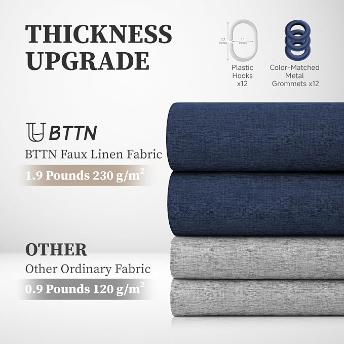 72x90 Linen Textured Waterproof Fabric Shower Curtain Set, Navy Blue | Long Size, 230GSM Polyester, Heavy Duty Cloth, Weighted Hem, 12 Plastic Hooks, Modern Luxury Hotel Style, Machine Washable