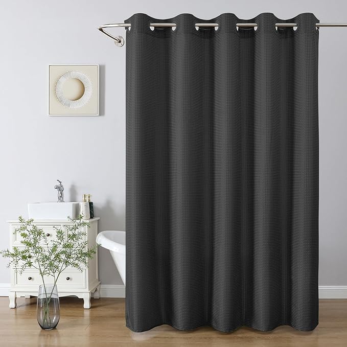 No Hook Waffle Shower Curtain, No Liner Needed Separate, 71x77 Inch, Black | 100% waterproof TPU-laminated backing, magnetic weighted hem, machine washable, shower curtain set for bathroom or hotel use