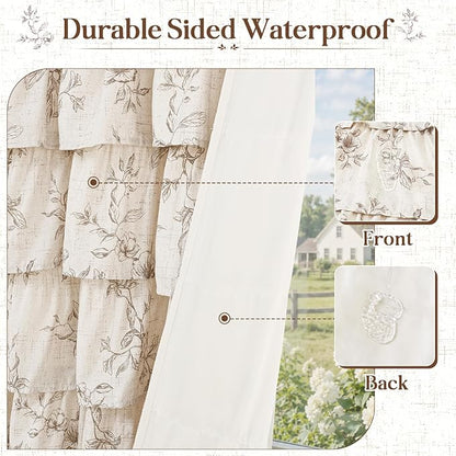 Long Farmhouse Floral Shower Curtain, Ruffle Bathroom Curtains, 72"Wx78"L | Brown Floral Print, Ruflle Design, 12 Metal Hooks, Vintage Rustic Washable Waterproof Shower Curtain for Bathroom Bathtub