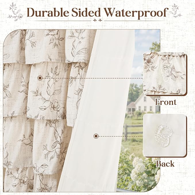 Farmhouse Floral Shower Curtain, Ruffle Bathroom Curtains, 72"Wx72"L | Brown Floral Print, Ruflle Design, 12 Metal Hooks, Vintage Rustic Washable Waterproof Shower Curtain for Bathroom Bathtub