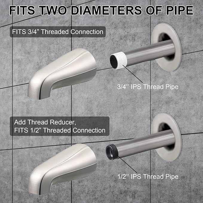 Dreyoo Universal Bath Tub Spout with Adapter, 5" Bathroom Bathtub Faucet Spout Without Diverter, Fits for 1/2'', 3/4'' IPS Inside Thread Connection and Tub/Shower Faucet Brands(Brushed Nickel)