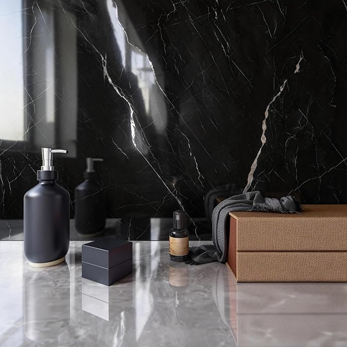 Marble Peel and Stick Waterproof Wall Paneling, 118" x 47" Black Marquina Glossy Finish Self-Adhesive Backsplash Tile Vinyl Wall Panel for Kitchen Bathroom Wall Decor, Covers 38.75 Sq. Ft.