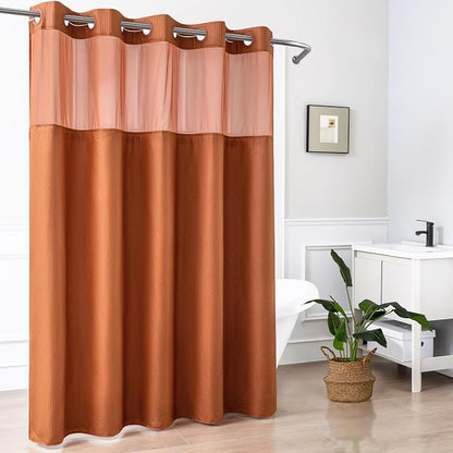 No Hook Shower Curtain with Snap-in Liner 71x74, Terracotta | Embossed Waffle-Look Textured, Sheer Window, Soft & Lightweight, Water Repellent Clay Fabric Shower Curtain for Bathroom