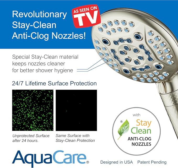 AquaCare 4X 10-Mode High Pressure Hand Shower w/Filter & 2-mode Power Wash | Filters Chlorine & Toxins, Softens Hard Water for Healthy Skin & Hair. Handheld Power Head Cleans Tub, Tile & Pets / Nickel