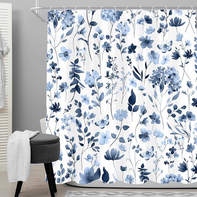 Cute Floral Navy Blue Flower Wildflower Rustic Bathroom Shower Curtain Set | 72"W x 72"H Plants Leaves; waterproof HD print, quick-dry fabric and plastic hooks for easy setup.
