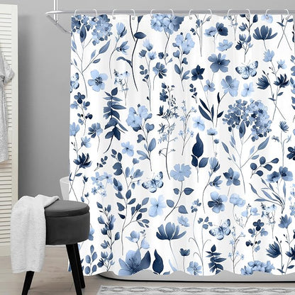Cute Floral Navy Blue Flower Wildflower Rustic Bathroom Shower Curtain Set | 72"W x 72"H Plants Leaves; waterproof HD print, quick-dry fabric and plastic hooks for easy setup.