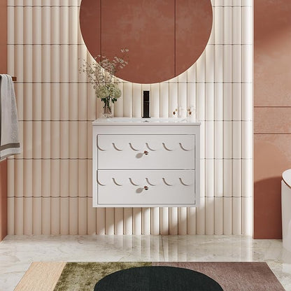 eclife 24" Floating Bathroom Vanity with Sink Combo, Modern Painted Wall-Mounted Vanities Storage Cabinet with Scalloped Decor, Undermount Basin, Faucet, Drain, White