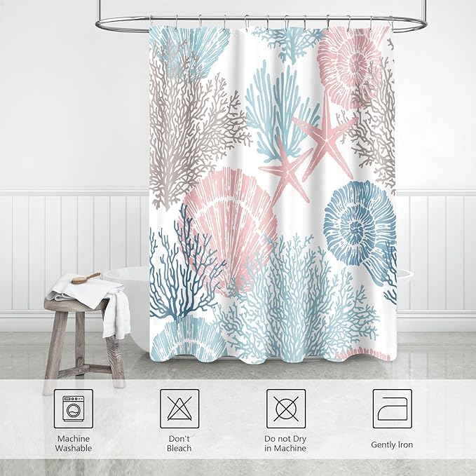 Extra Long Shower Curtain 72 x 96 Inch, Floor to Ceiling X-Long Tall Blue Pink Nautical Coastal, Seashell Starfish Coral Beach Ocean Themed for Bathroom Decor
