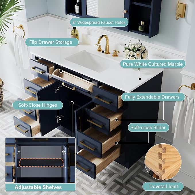 48-Inch Bathroom Vanity with Sink W/ 2 Doors & 8 Drawers & 1 Flip Drawer, Navy Blue Vanity W/Brushed Gold Handles