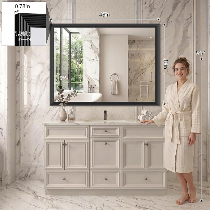 DESBING 36"x48" Black Bathroom Mirrors for Over Sink | 3MM Tempered Glass, Metal Frame, Rectangle Vanity Wall Mirror for Bathroom, Living Room, Bedroom, Horizontally or Vertically