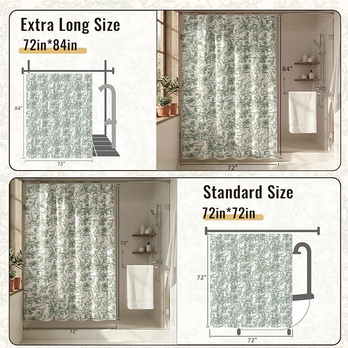 Farmhouse Sage Green Floral Shower Curtain with 12 Clear Rings 72"W x 72"L | Boho Fabric Shower Curtain Set, Vintage Cottagecore Shower Curtain for Bathroom